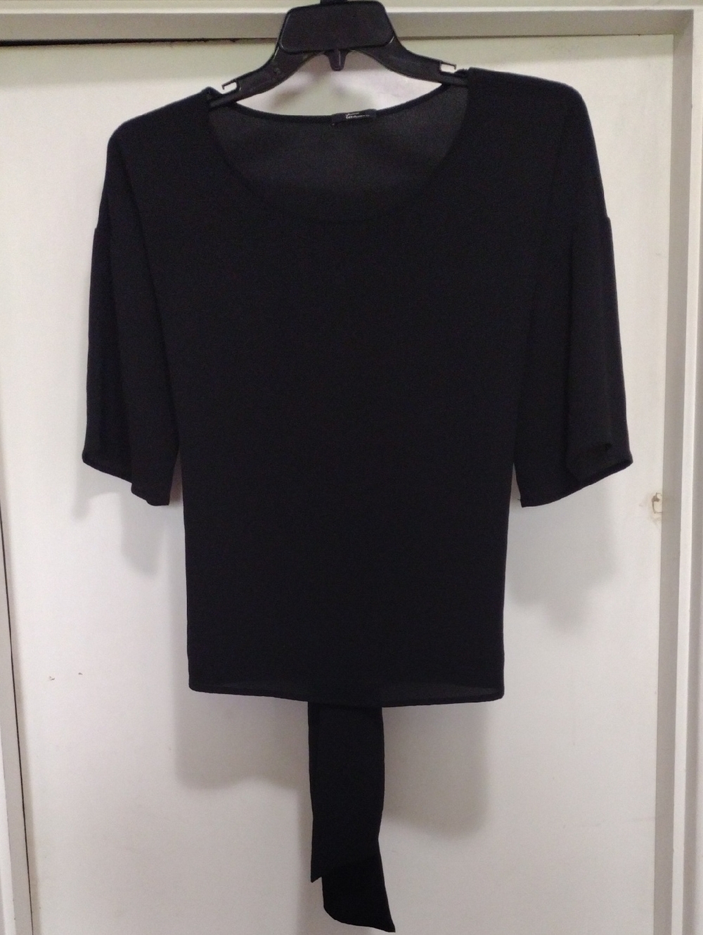 Tua Black Short-Sleeve Tie-Back Scoop Neck Top Semi Sheer